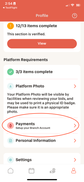 Selecting Branch from Payments in App